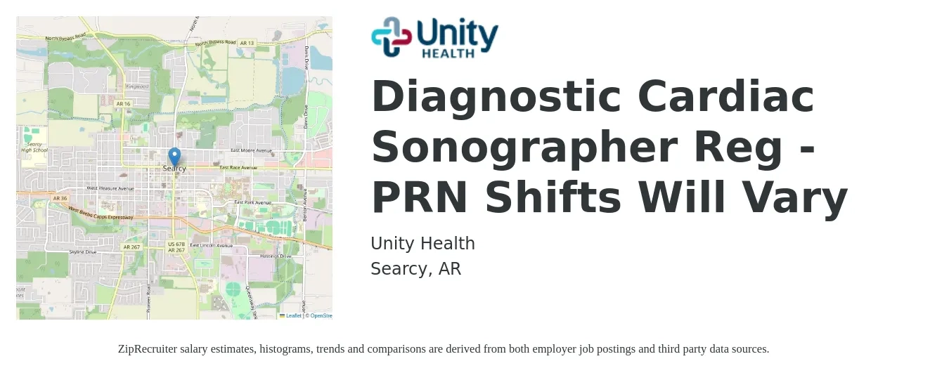 Unity Health job posting for a Diagnostic Cardiac Sonographer Reg - PRN Shifts Will Vary in Searcy, AR with a salary of $28 to $44 Hourly with a map of Searcy location.