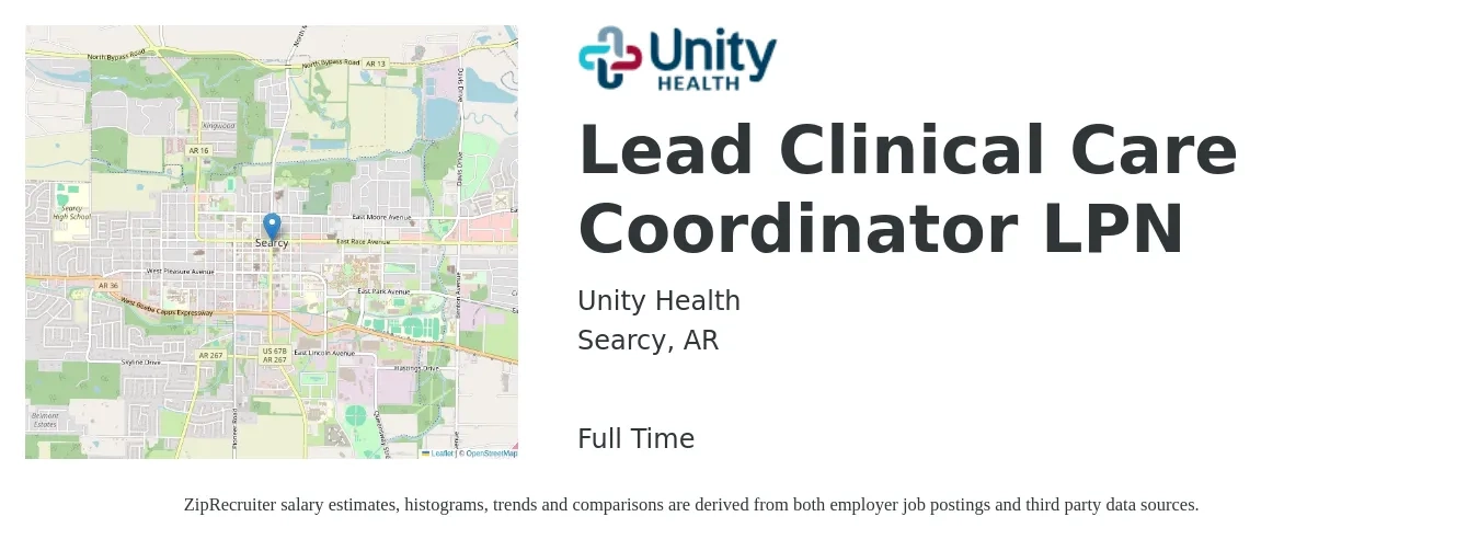 Unity Health job posting for a Lead Clinical Care Coordinator LPN in Searcy, AR with a salary of $22 to $30 Hourly with a map of Searcy location.