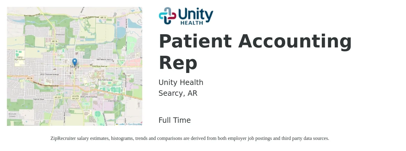 Unity Health job posting for a Patient Accounting Rep in Searcy, AR with a salary of $17 to $21 Hourly with a map of Searcy location.