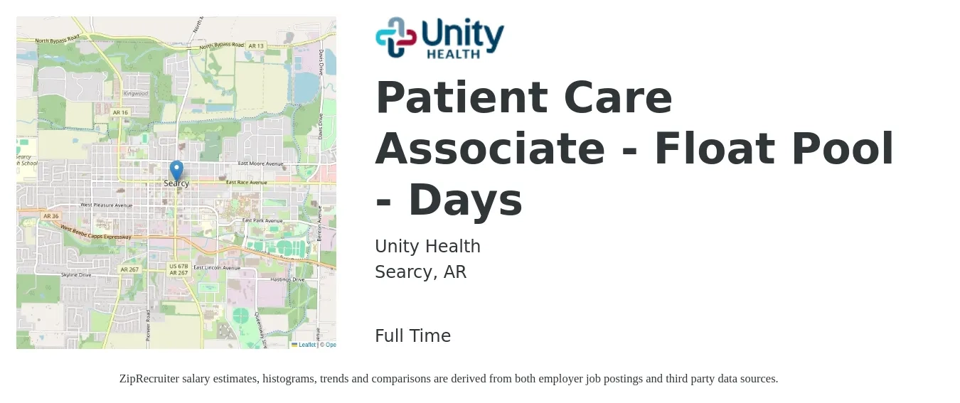 Unity Health job posting for a Patient Care Associate - Float Pool - Days in Searcy, AR with a salary of $17 to $26 Hourly with a map of Searcy location.