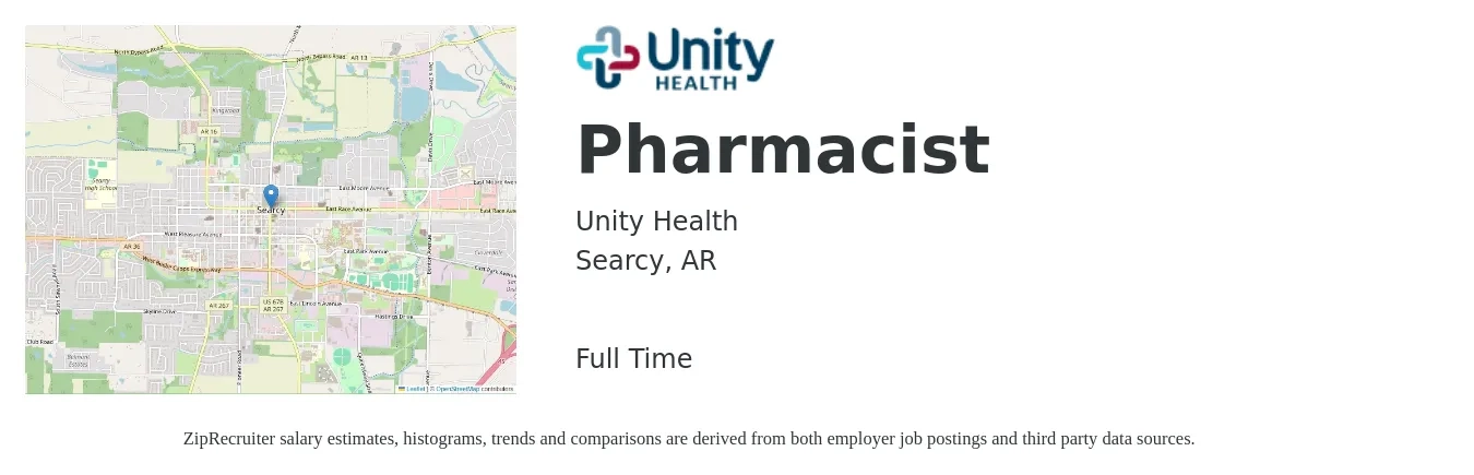 Unity Health job posting for a Pharmacist in Searcy, AR with a salary of $50 to $61 Hourly with a map of Searcy location.