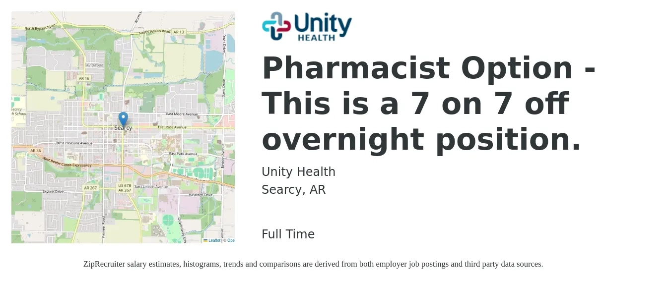 Unity Health job posting for a Pharmacist Option - This is a 7 on 7 off overnight position. in Searcy, AR with a salary of $50 to $61 Hourly with a map of Searcy location.