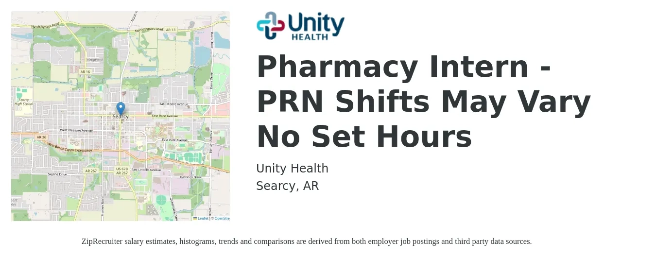Unity Health job posting for a Pharmacy Intern - PRN Shifts May Vary No Set Hours in Searcy, AR with a salary of $14 to $18 Hourly with a map of Searcy location.