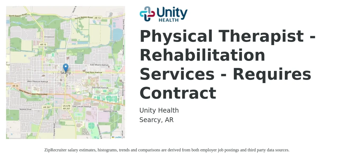 Unity Health job posting for a Physical Therapist - Rehabilitation Services - Requires Contract in Searcy, AR with a salary of $1,440 to $1,860 Weekly with a map of Searcy location.