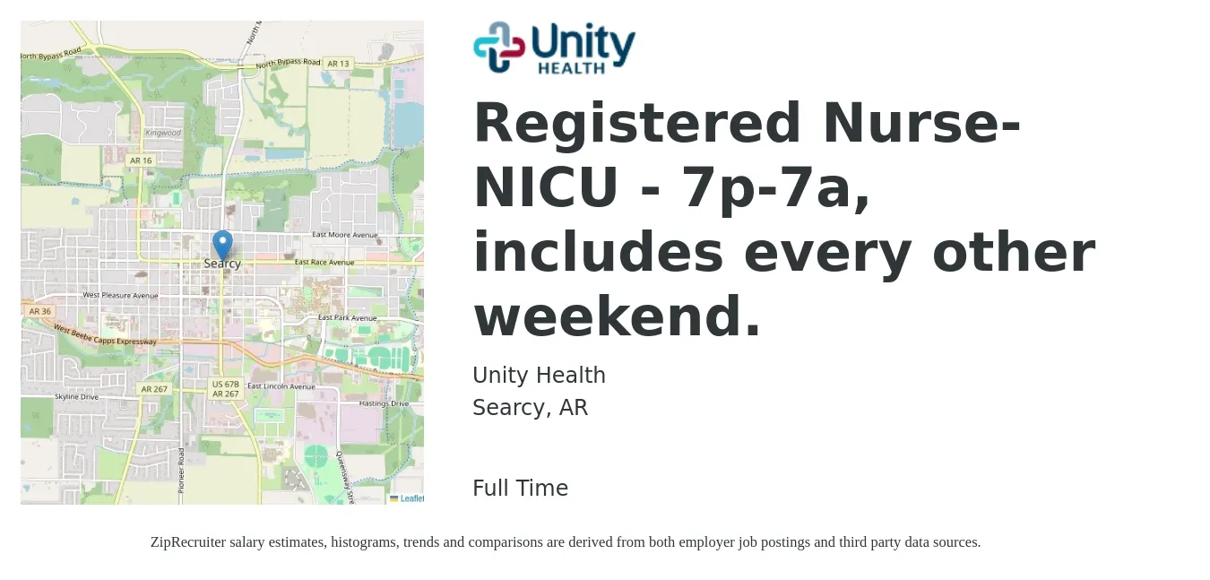 Unity Health job posting for a Registered Nurse- NICU - 7p-7a, includes every other weekend. in Searcy, AR with a salary of $1,730 to $2,620 Weekly with a map of Searcy location.