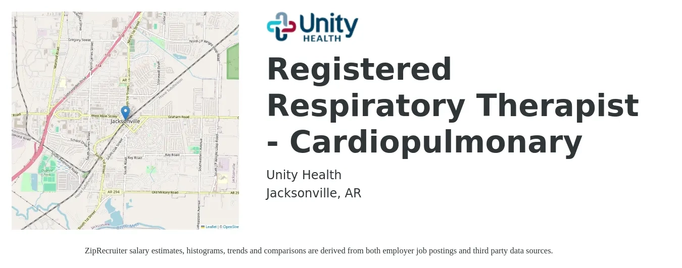 Unity Health job posting for a Registered Respiratory Therapist - Cardiopulmonary in Jacksonville, AR with a salary of $1,320 to $2,230 Weekly with a map of Jacksonville location.