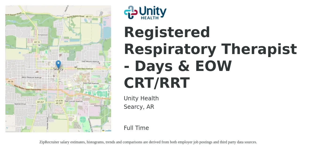 Unity Health job posting for a Registered Respiratory Therapist - Days & EOW CRT/RRT in Searcy, AR with a salary of $1,280 to $2,170 Weekly with a map of Searcy location.