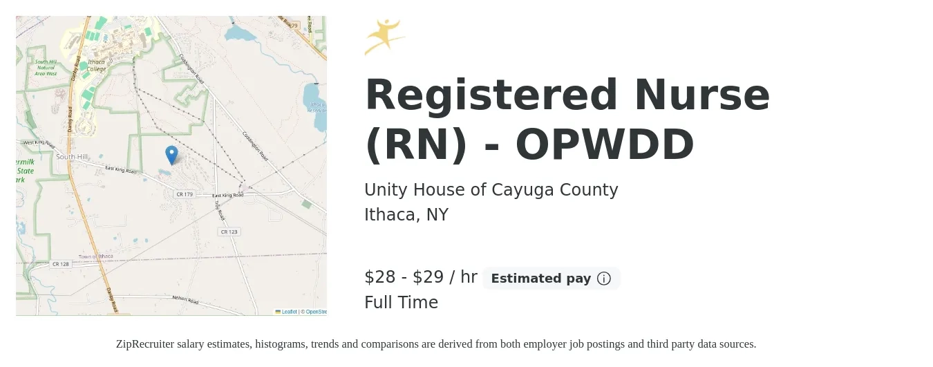 Unity House of Cayuga County job posting for a Registered Nurse (RN) - OPWDD in Ithaca, NY with a salary of $30 to $31 Hourly with a map of Ithaca location.