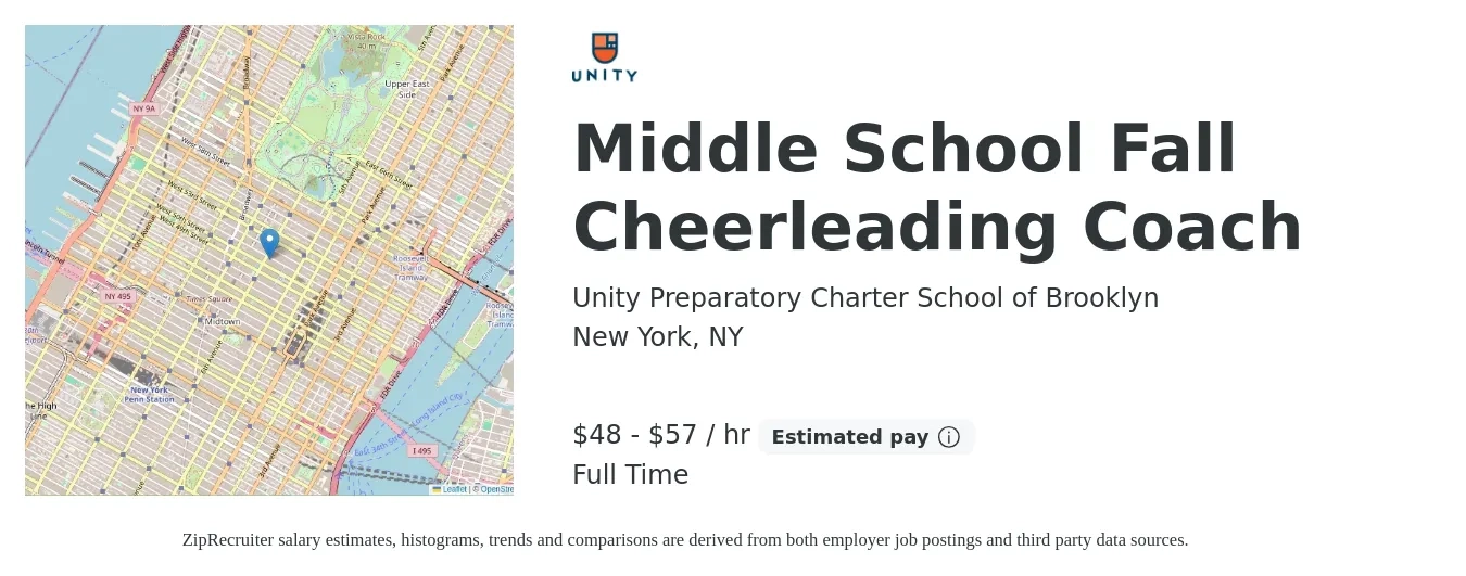 Unity Preparatory Charter School of Brooklyn job posting for a Middle School Fall Cheerleading Coach in New York, NY with a salary of $50 to $60 Hourly with a map of New York location.