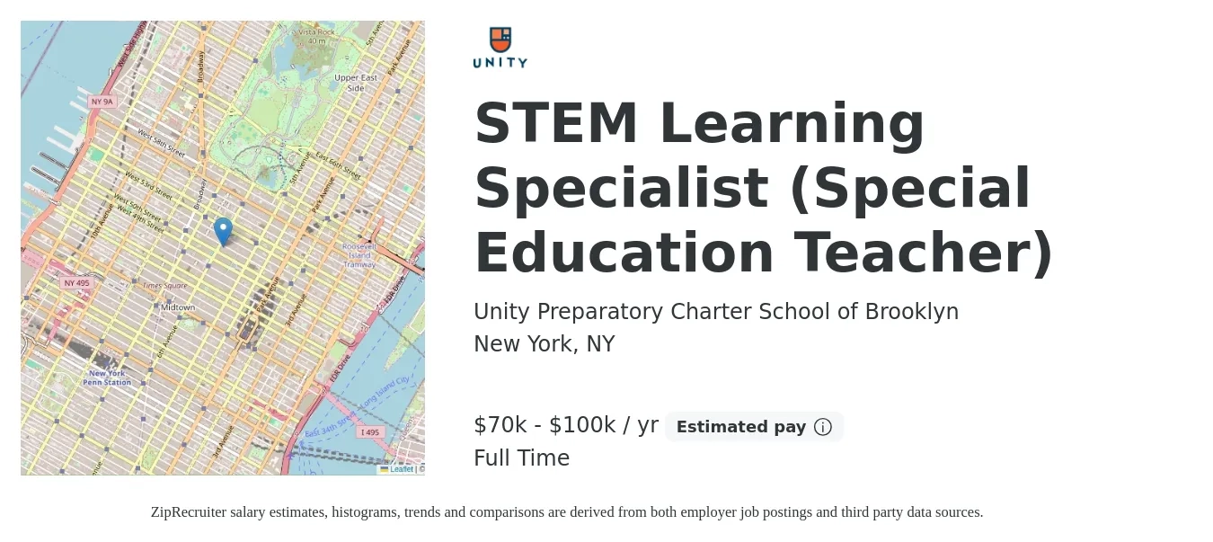Unity Preparatory Charter School of Brooklyn job posting for a STEM Learning Specialist (Special Education Teacher) in New York, NY with a salary of $70,000 to $100,000 Yearly with a map of New York location.