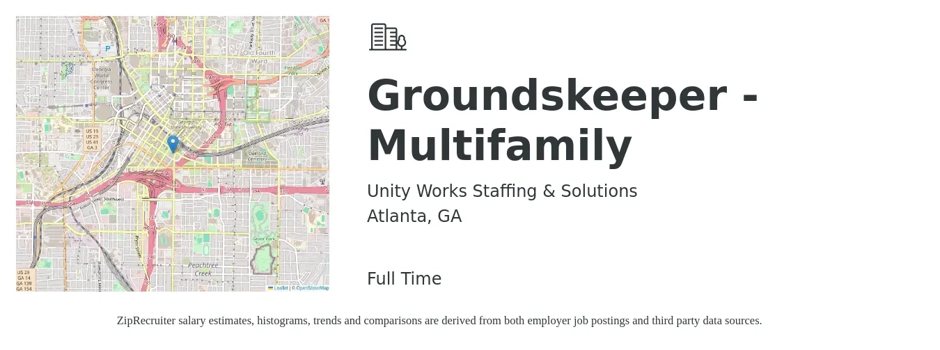 Unity Works Staffing & Solutions job posting for a Groundskeeper - Multifamily in Atlanta, GA with a salary of $15 to $19 Hourly with a map of Atlanta location.
