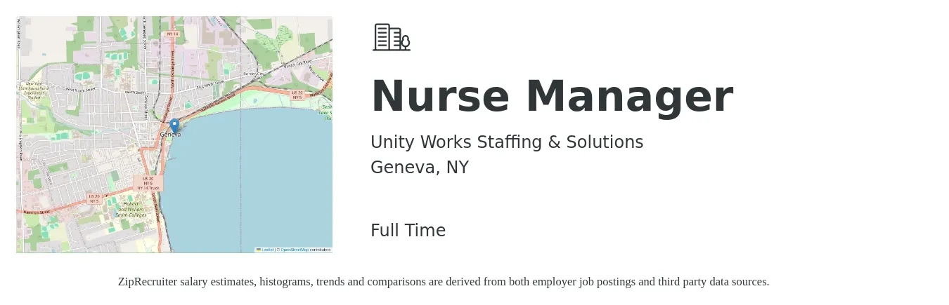 Unity Works Staffing & Solutions job posting for a Nurse Manager in Geneva, NY with a salary of $40 to $58 Hourly with a map of Geneva location.