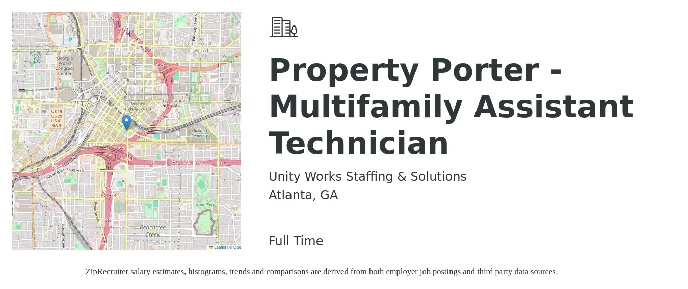 Unity Works Staffing & Solutions job posting for a Property Porter - Multifamily Assistant Technician in Atlanta, GA with a salary of $18 to $24 Hourly with a map of Atlanta location.