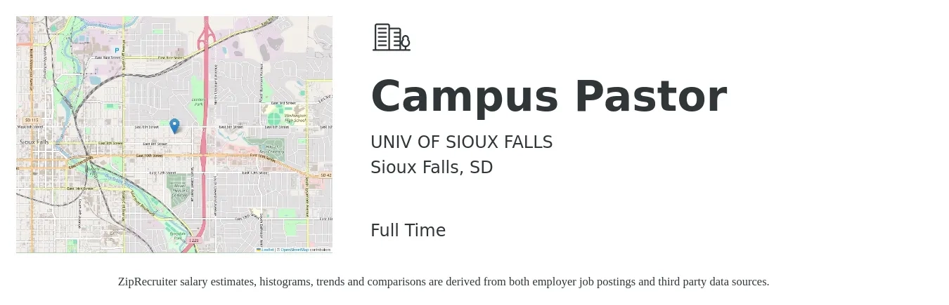 UNIV OF SIOUX FALLS job posting for a Campus Pastor in Sioux Falls, SD with a salary of $51,600 to $87,400 Yearly with a map of Sioux Falls location.