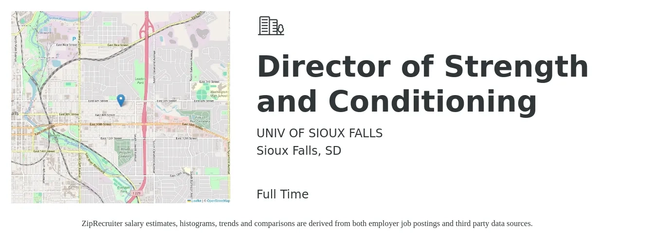 UNIV OF SIOUX FALLS job posting for a Director of Strength and Conditioning in Sioux Falls, SD with a salary of $19 to $23 Hourly with a map of Sioux Falls location.