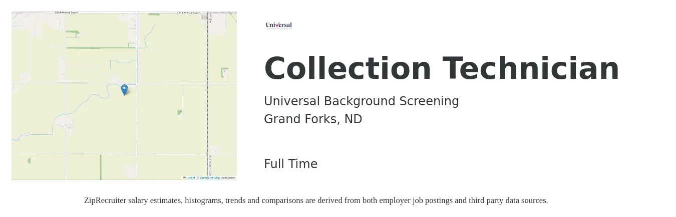 Universal Background Screening job posting for a Collection Technician in Grand Forks, ND with a salary of $37,400 to $51,400 Yearly with a map of Grand Forks location.