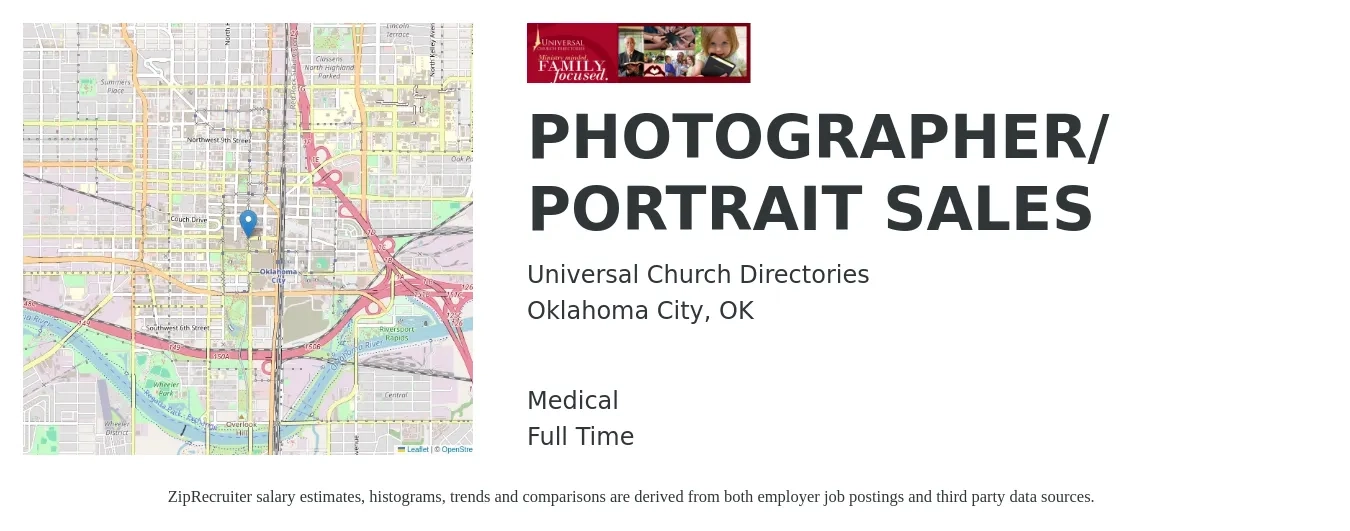 Universal Church Directories job posting for a PHOTOGRAPHER/ PORTRAIT SALES in Oklahoma City, OK with a salary of $200 to $400 Daily and benefits including medical, retirement, and life_insurance with a map of Oklahoma City location.