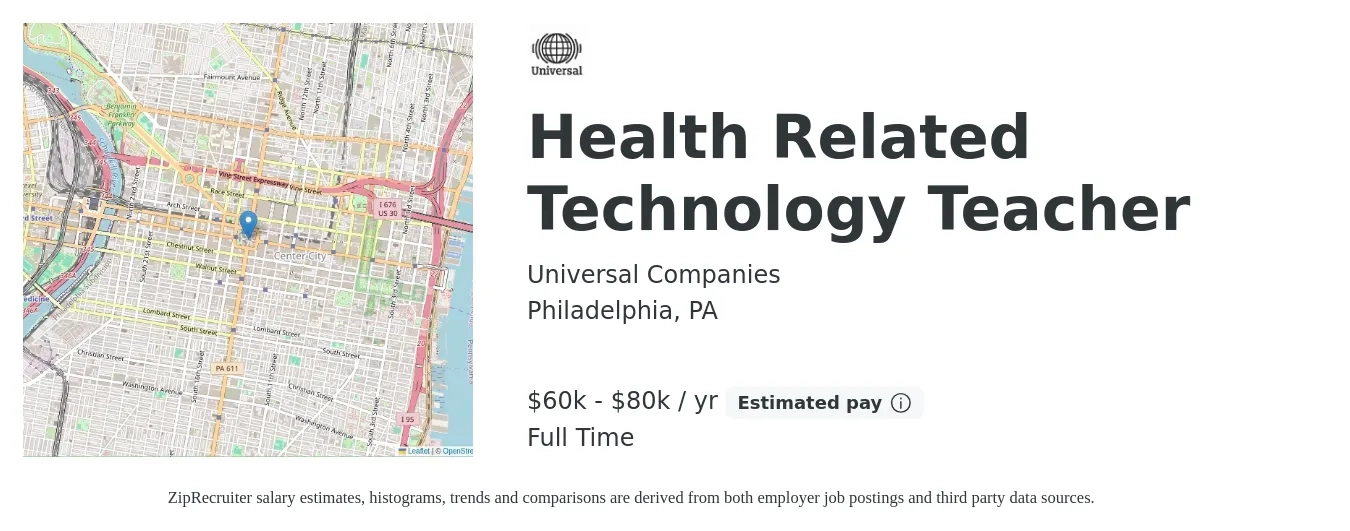 Universal Companies job posting for a Health Related Technology Teacher in Philadelphia, PA with a salary of $60,000 to $80,000 Yearly with a map of Philadelphia location.