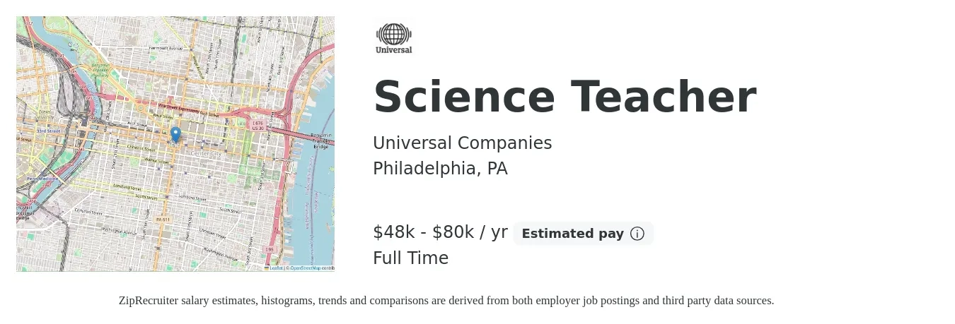 Universal Companies job posting for a Science Teacher in Philadelphia, PA with a salary of $48,000 to $80,000 Yearly with a map of Philadelphia location.