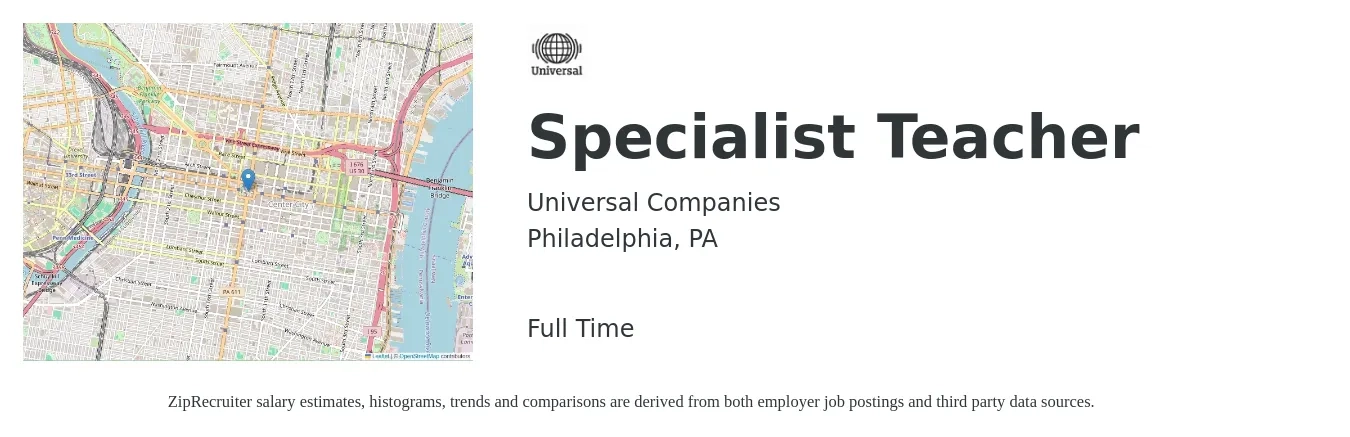 Universal Companies job posting for a Specialist Teacher in Philadelphia, PA with a salary of $43,500 to $61,400 Yearly with a map of Philadelphia location.