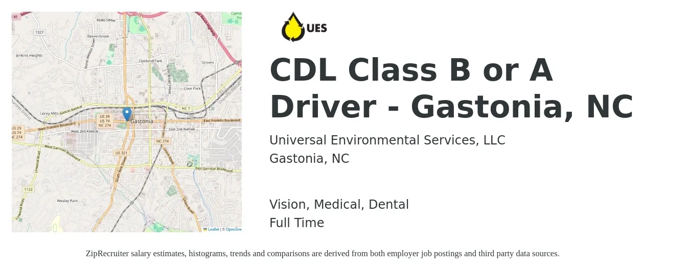 Universal Environmental Services, LLC job posting for a CDL Class B or A Driver - Gastonia, NC in Gastonia, NC with a salary of $23 to $39 Hourly and benefits including dental, life_insurance, medical, retirement, and vision with a map of Gastonia location.