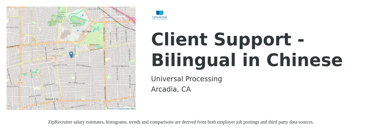 Universal Processing job posting for a Client Support - Bilingual in Chinese in Arcadia, CA with a salary of $3,500 Monthly with a map of Arcadia location.