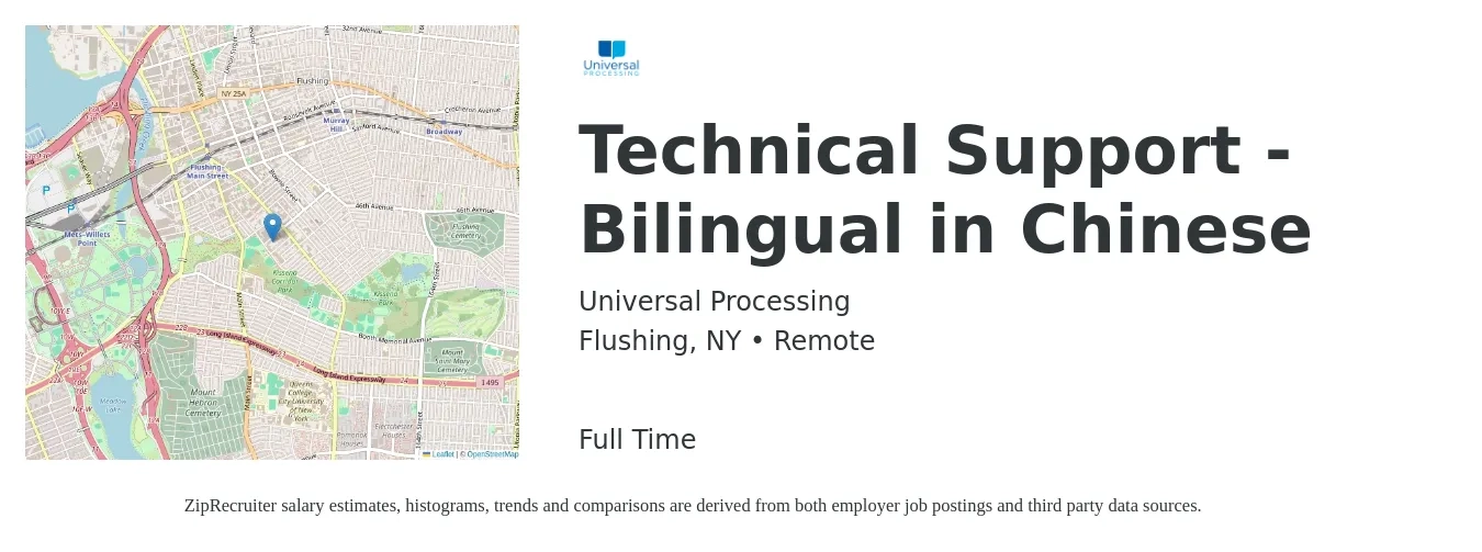 Universal Processing job posting for a Technical Support - Bilingual in Chinese in Flushing, NY with a salary of $3,000 to $3,600 Monthly with a map of Flushing location.