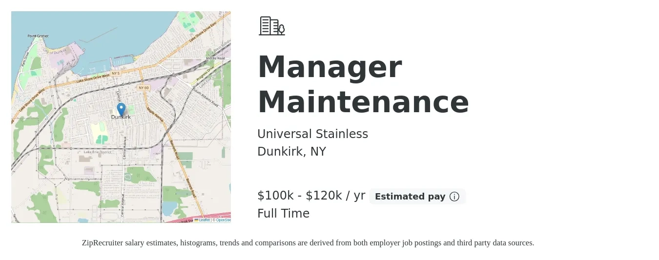 Universal Stainless job posting for a Manager Maintenance in Dunkirk, NY with a salary of $100,000 to $120,000 Yearly with a map of Dunkirk location.