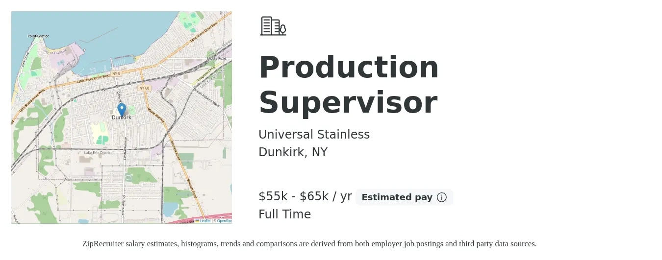Universal Stainless job posting for a Production Supervisor in Dunkirk, NY with a salary of $55,000 to $65,000 Yearly with a map of Dunkirk location.