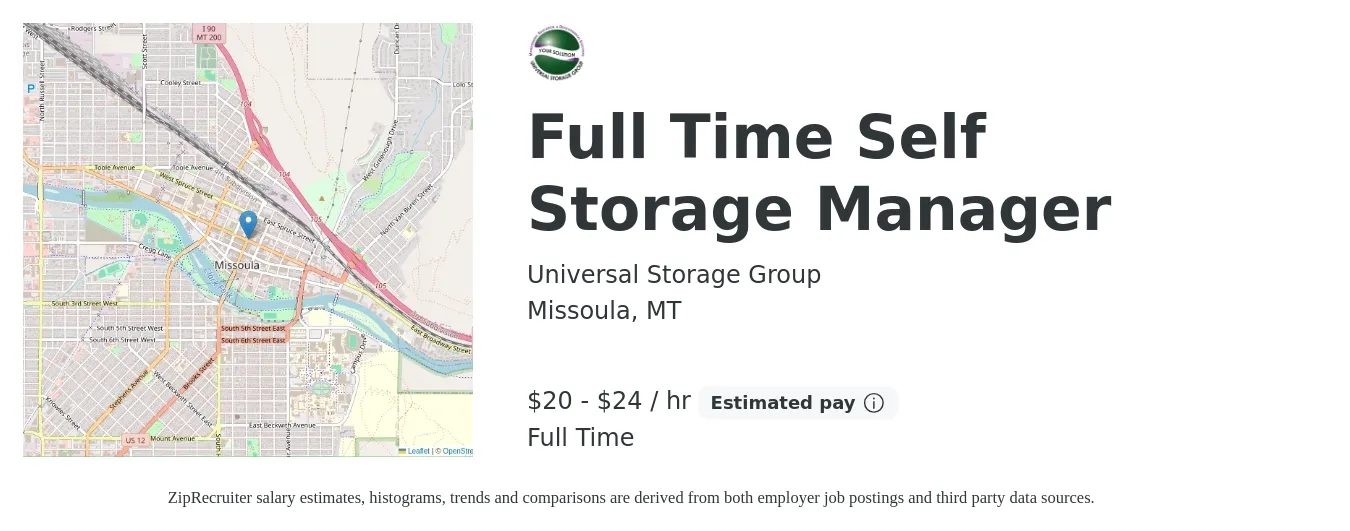 Universal Storage Group job posting for a Full Time Self Storage Manager in Missoula, MT with a salary of $21 to $25 Hourly with a map of Missoula location.