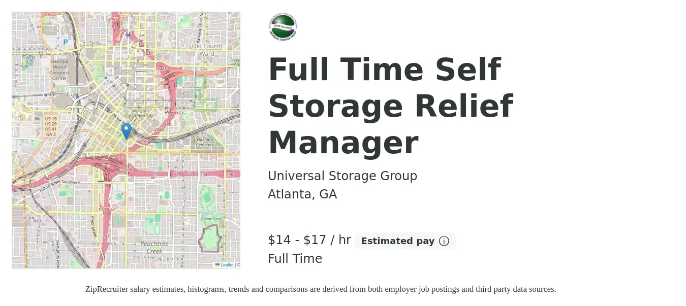 Universal Storage Group job posting for a Full Time Self Storage Relief Manager in Atlanta, GA with a salary of $15 to $18 Hourly with a map of Atlanta location.