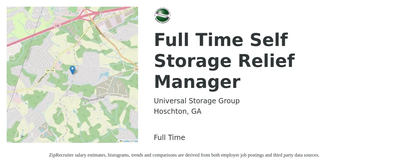 Universal Storage Group job posting for a Full Time Self Storage Relief Manager in Hoschton, GA with a salary of $67,300 to $97,300 Yearly with a map of Hoschton location.