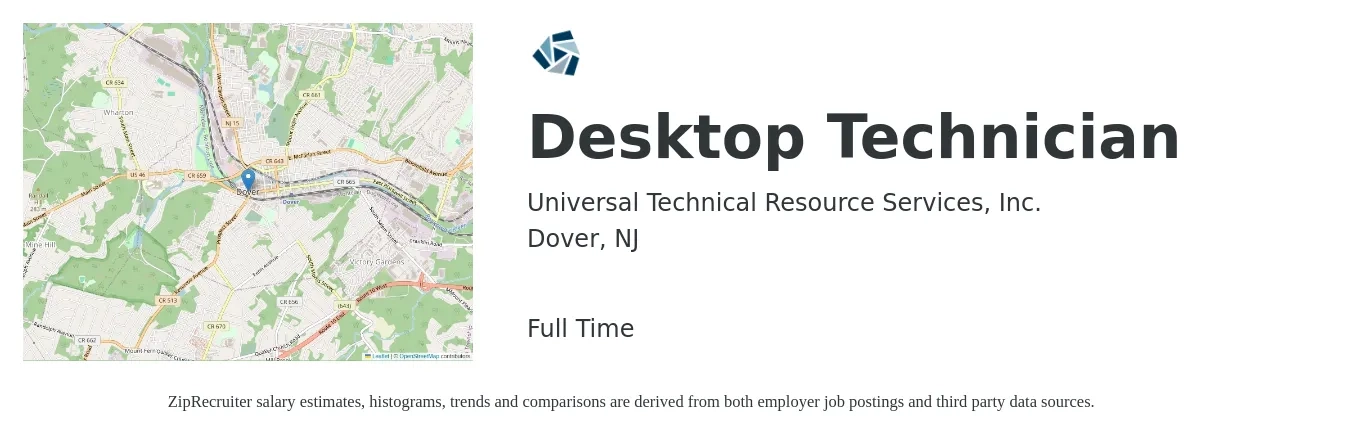 Universal Technical Resource Services, Inc. job posting for a Desktop Technician in Dover, NJ with a salary of $21 to $26 Hourly with a map of Dover location.