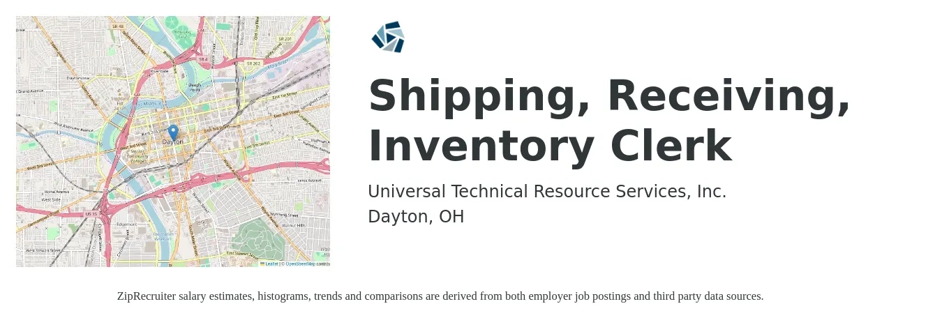 Universal Technical Resource Services job posting for a Shipping, Receiving, Inventory Clerk in Dayton, OH with a salary of $16 to $20 Hourly with a map of Dayton location.