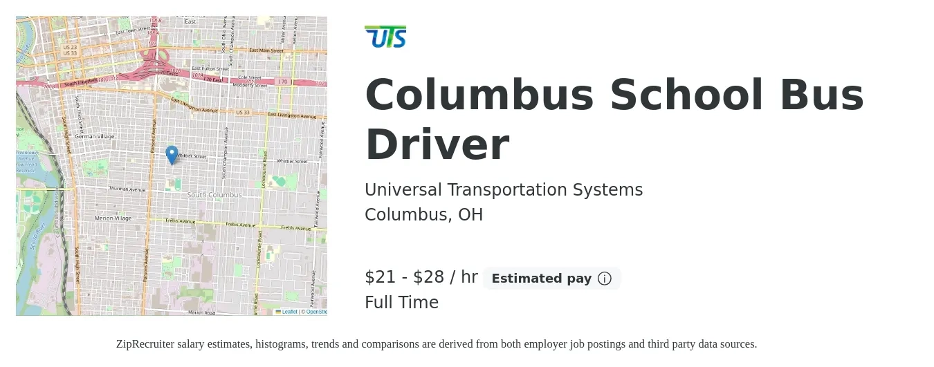 Universal Transportation Systems job posting for a Columbus School Bus Driver in Columbus, OH with a salary of $22 to $30 Hourly with a map of Columbus location.