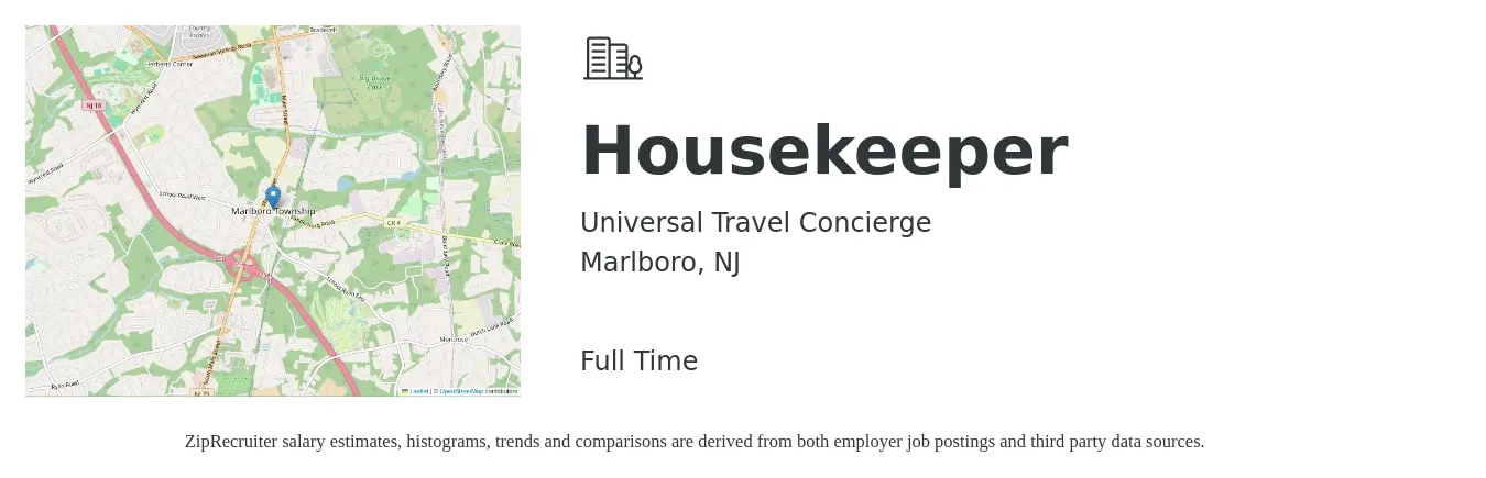 Universal Travel Concierge job posting for a Housekeeper in Marlboro, NJ with a salary of $14 to $18 Hourly with a map of Marlboro location.