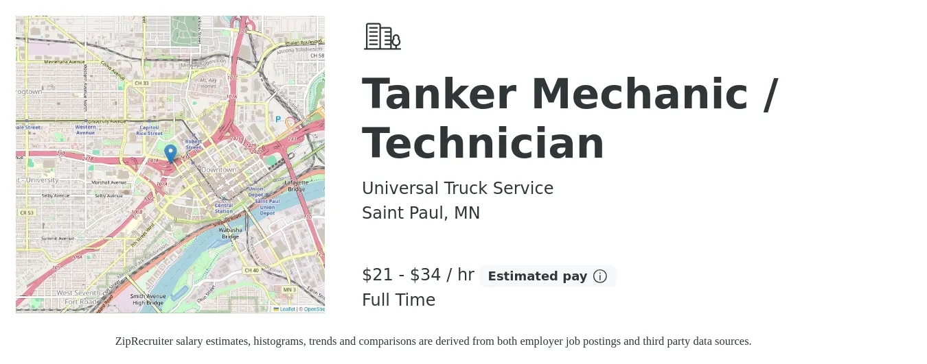 Universal Truck Service job posting for a Tanker Mechanic / Technician in Saint Paul, MN with a salary of $22 to $36 Hourly with a map of Saint Paul location.