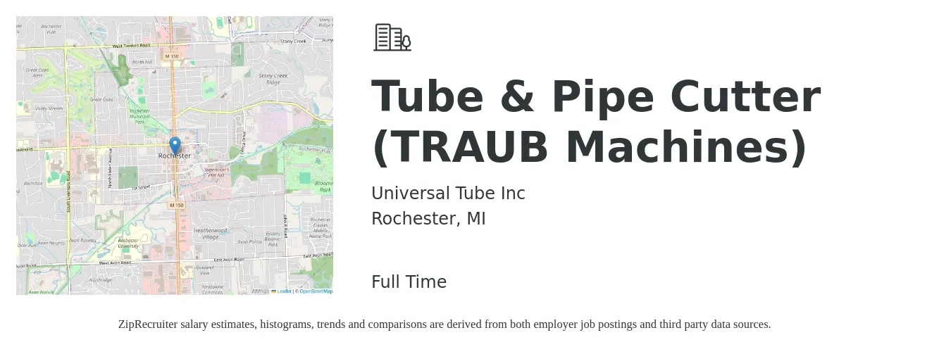 Universal Tube Inc job posting for a Tube & Pipe Cutter (TRAUB Machines) in Rochester, MI with a salary of $16 to $18 Hourly with a map of Rochester location.