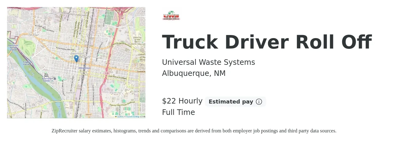 Universal Waste Systems job posting for a Truck Driver Roll Off in Albuquerque, NM with a salary of $23 Hourly with a map of Albuquerque location.