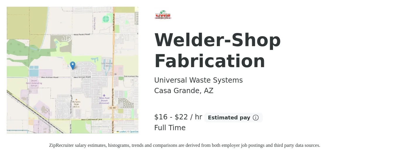Universal Waste Systems job posting for a Welder-Shop Fabrication in Casa Grande, AZ with a salary of $17 to $23 Hourly with a map of Casa Grande location.