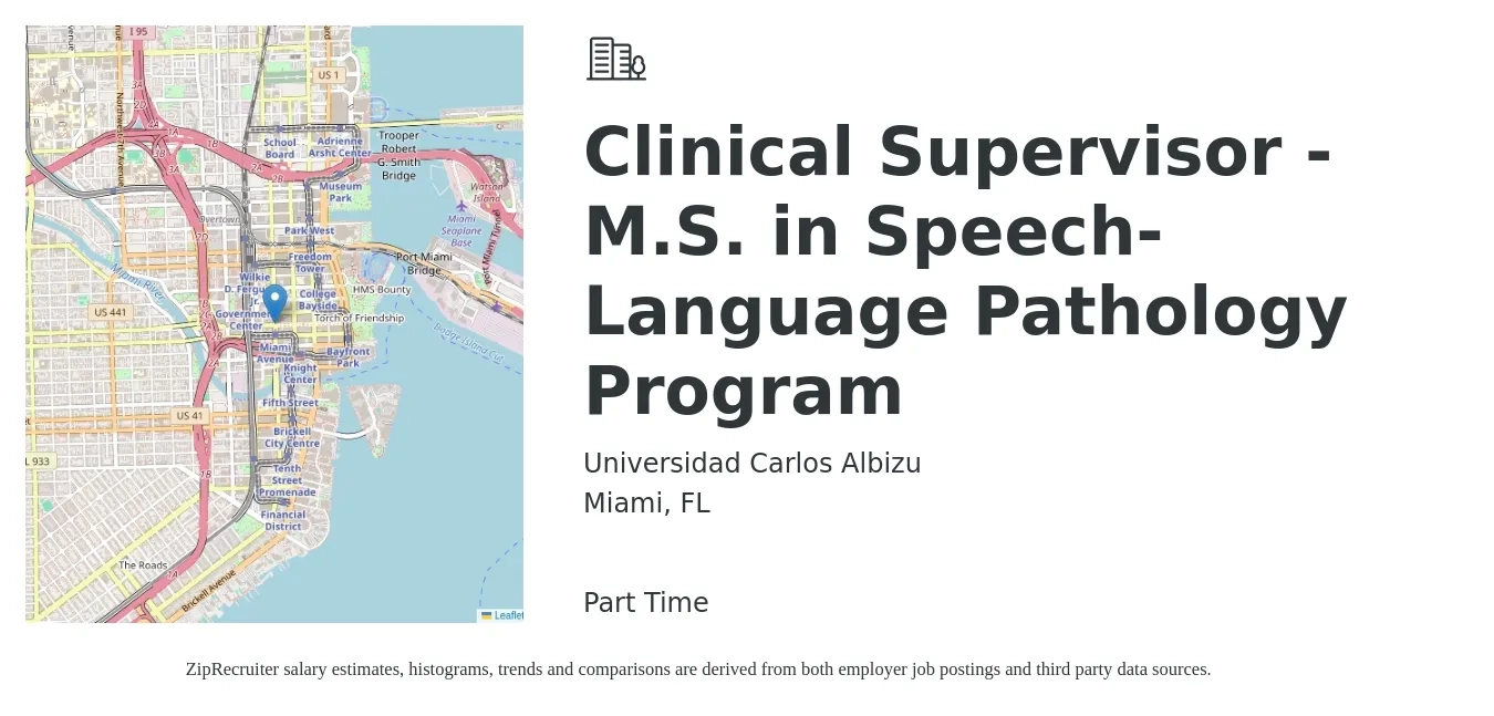 Universidad Carlos Albizu job posting for a Clinical Supervisor - M.S. in Speech-Language Pathology Program in Miami, FL with a salary of $38 to $51 Hourly with a map of Miami location.