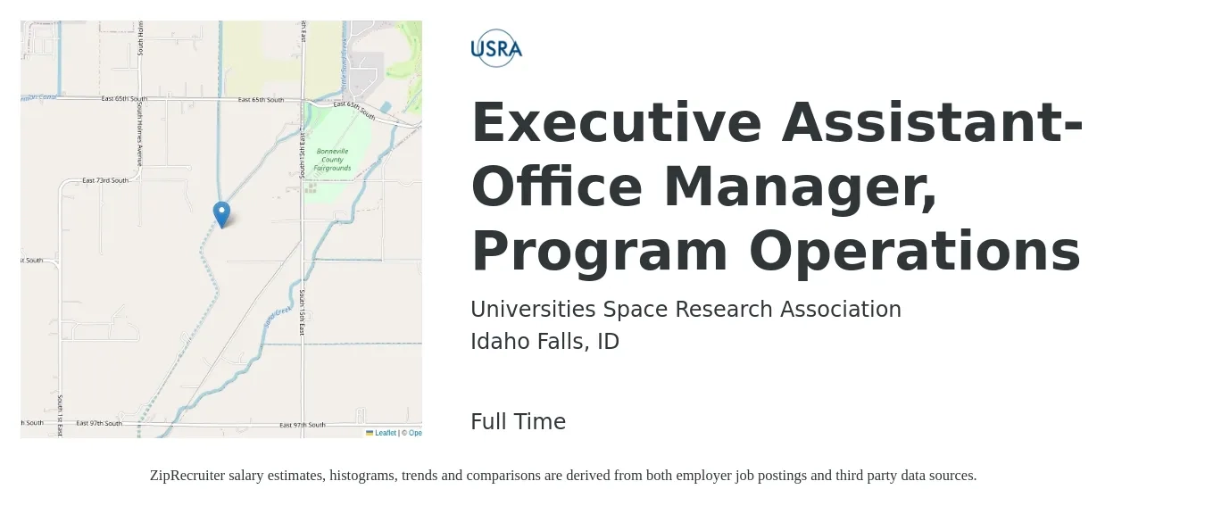 Universities Space Research Association job posting for a Executive Assistant-Office Manager, Program Operations in Idaho Falls, ID with a salary of $46,100 to $74,400 Yearly with a map of Idaho Falls location.