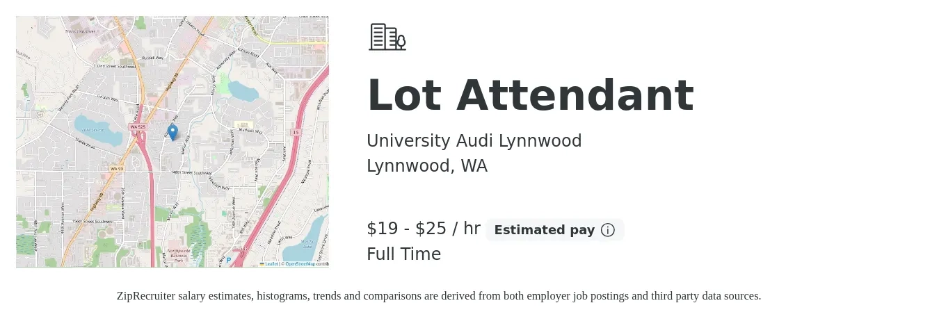 University Audi Lynnwood job posting for a Lot Attendant in Lynnwood, WA with a salary of $20 to $26 Hourly with a map of Lynnwood location.