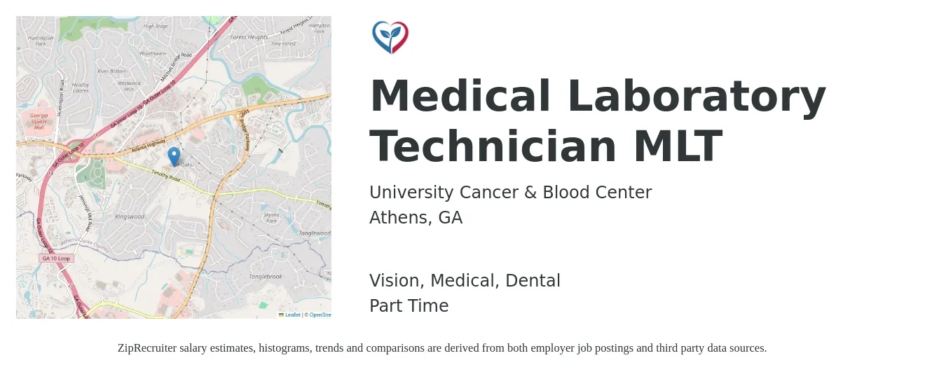 University Cancer & Blood Center job posting for a Medical Laboratory Technician MLT in Athens, GA with a salary of $1,120 to $2,300 Weekly and benefits including retirement, vision, dental, life_insurance, and medical with a map of Athens location.