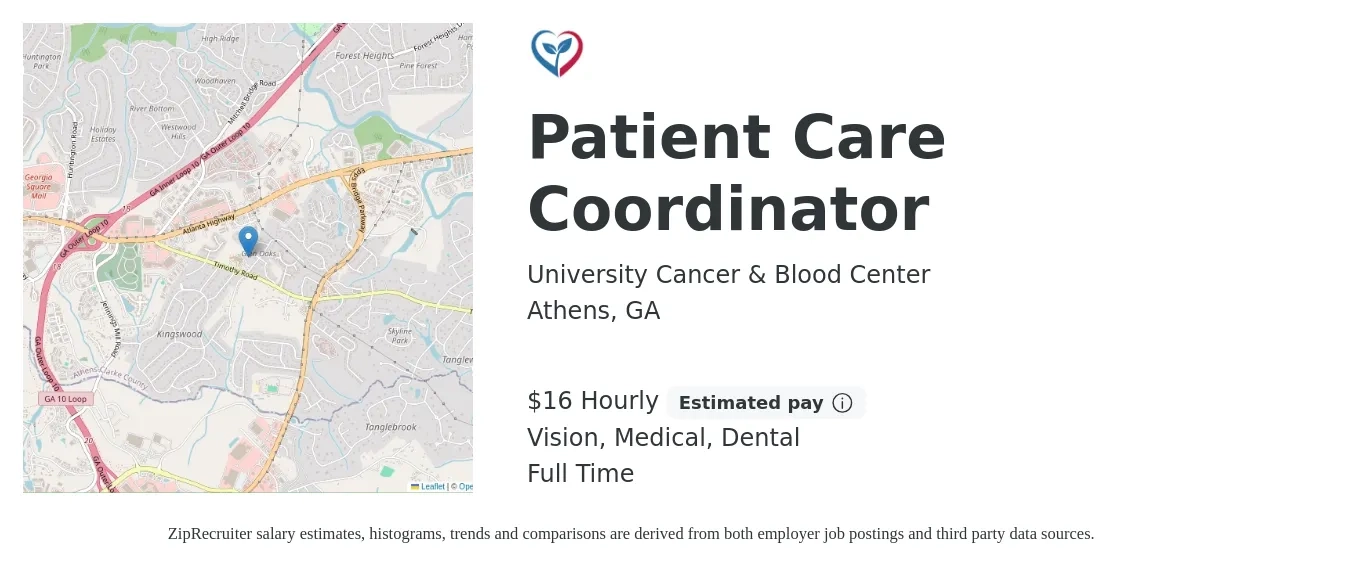 University Cancer & Blood Center job posting for a Patient Care Coordinator in Athens, GA with a salary of $17 to $22 Hourly with a map of Athens location.