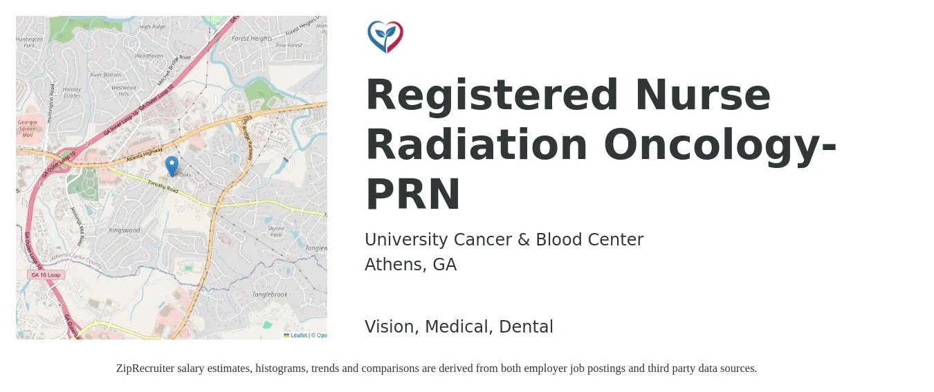 University Cancer & Blood Center job posting for a Registered Nurse Radiation Oncology- PRN in Athens, GA with a salary of $34 to $54 Hourly and benefits including retirement, vision, dental, life_insurance, and medical with a map of Athens location.