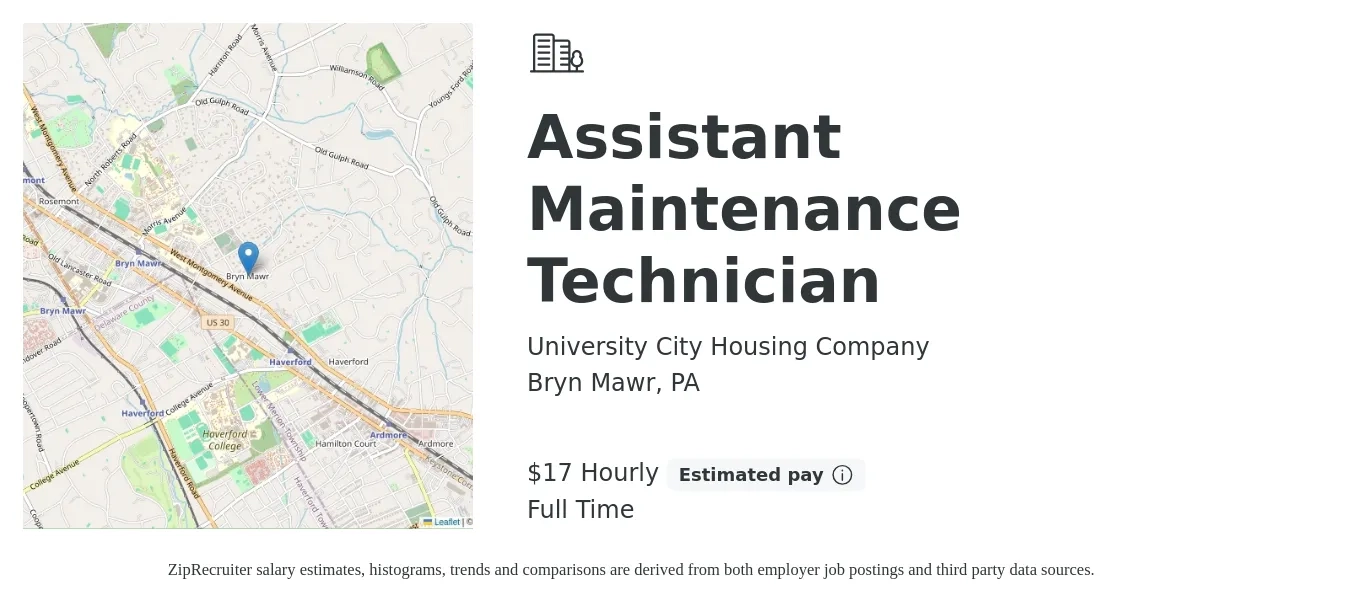 University City Housing Company job posting for a Assistant Maintenance Technician in Bryn Mawr, PA with a salary of $18 Hourly with a map of Bryn Mawr location.