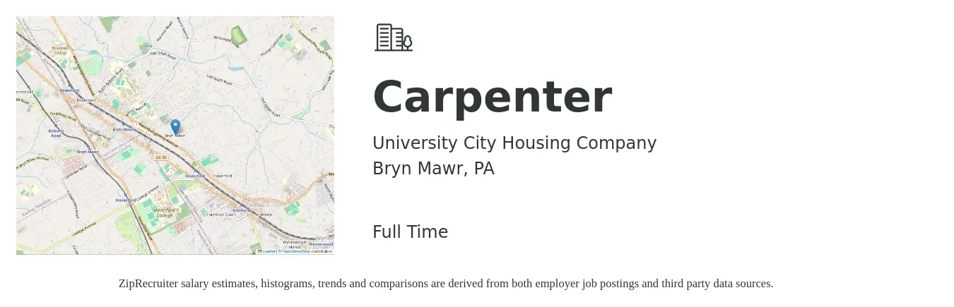 University City Housing Company job posting for a Carpenter in Bryn Mawr, PA with a salary of $19 to $26 Hourly with a map of Bryn Mawr location.