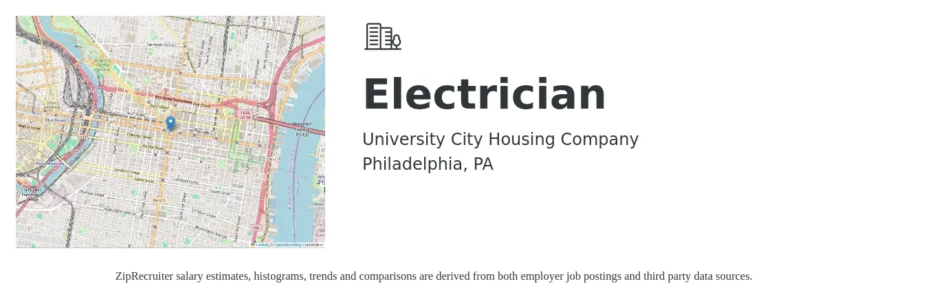 University City Housing job posting for a Electrician in Philadelphia, PA with a salary of $25 to $34 Hourly with a map of Philadelphia location.