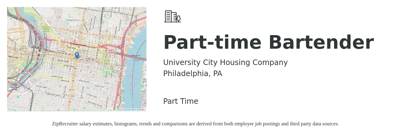 University City Housing Company job posting for a Part-time Bartender in Philadelphia, PA with a salary of $10 Hourly with a map of Philadelphia location.